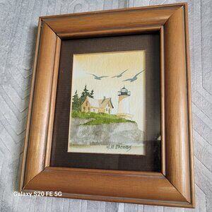 Watercolor Painting Lighthouse & House by M. H. Jacobs Framed and Matted 4 x 5 P